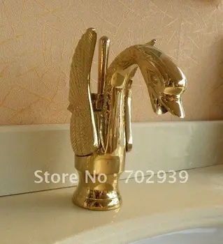  EMS Ücretsiz kargo Altın finish PVD banyo havzası evye swan mikser musluk tek delik