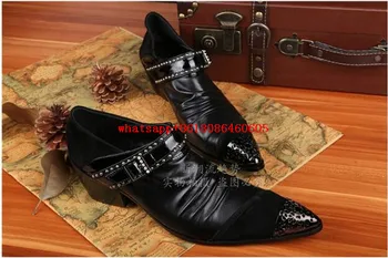  Erkek italyan deri ayakkabı siyah Çivili loafer'lar resmi elbise sivri yüksek topuklu ayakkabı toka kayış oxford düğün ayakkabı