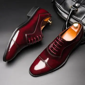  Erkek Rugan Elbise Ayakkabı Kırmızı Şarap Düğün Ayakkabı Trendy Patchwork Yuvarlak Ayak Tasarım Iş rahat ayakkabılar Büyük Metre 45 46