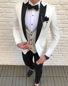  Erkek Takım Elbise 3 Adet Slim Fit Eğlence Groomsmen Beyaz Fildişi Yaka Iş Smokin Resmi Düğün ıçin (Blazer + Pantolon+Yelek)