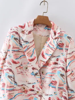  Fdfklak Kore Kadın Moda Kruvaze Graffiti Baskı Blazers Vintage Uzun Kollu Cepler Giyim Chic Ceket