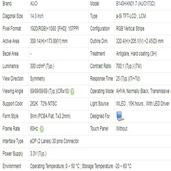  FRU 00HN874 00HN873 Lenovo ThinkPad X1 Karbon B140HAN01.7 14.0 inç 1920x1080 IPS FHD EDP 30 Pins 72 % NTSC Ekran Paneli
