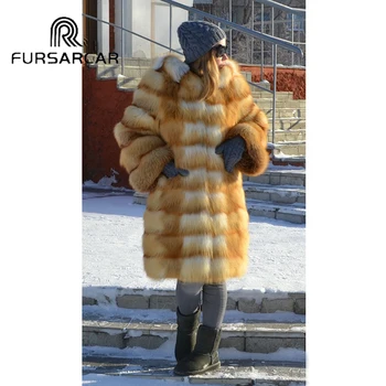  FURSARCAR Yeni Stil Gerçek Kürk Palto Kadınlar Ayrılabilir Lüks Kış Sıcak Altın Tilki Kürk Ceket Büyük Hood Ile Uzun Altın Tilki Kürk ceket