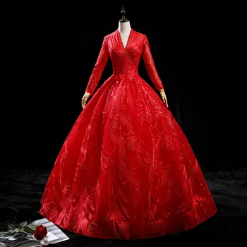  Gelinlik 2021 Yeni Vestido De Noiva Uzun Kollu Seksi V Yaka Kat-uzunluk Dantel Up Balo Prenses Vintage Robe De Mariee