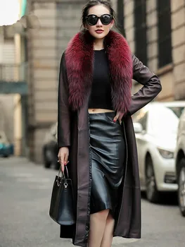  Gerçek Deri Ceket Kış Ceket Kadınlar Gerçek Tilki Kürk Yaka Koyun Derisi Ceket Kadın Streetwear Uzun Rüzgarlık XS19D08-25