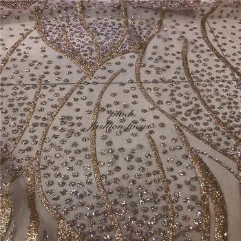  Gül altın glitter dantel ile kristal tül mesh danteller kumaş net dantel kumaş 2018 gelin couture için