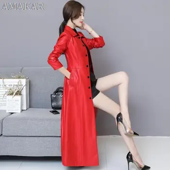  Hakiki Deri Ceket Kadın Yeni Orta Uzun İnce Koyun Derisi Trençkot Kore Over-the-Diz Saf Renk Ceket Palto
