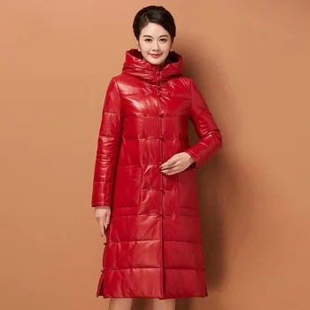  Hakiki Kore deri ceket, çoğunlukla uzun kapüşonlu 2022 Yeni ceket tek göğüslü kırmızı ceket
