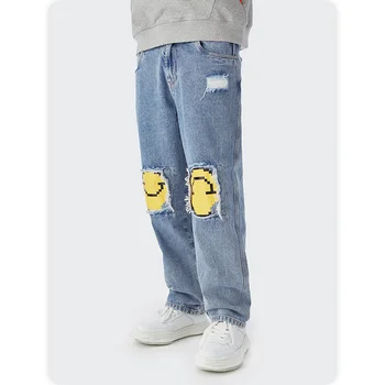  Hip Hop Mavi Delik Kot Streetwear 2021 Sonbahar Orta Bel Sıkıntılı Yıkanmış Düz bacak Kot Harajuku Gülen Baskı Erkekler Kot