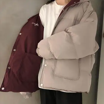  Iki Taraflı Kısa Kapüşonlu Parkas Kış Çift pamuklu ceket Kadın Kore Tarzı Sıcak Kış Ceket Pamuk-Yastıklı Kadın Gevşek Dış Giyim