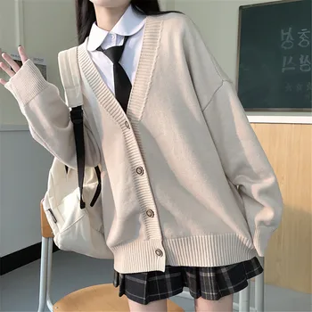  Japon moda Koleji Gevşek V Yaka Hırka 2021 Yeni Kazak Kadın Dış Giyim Kazak Ceket japon okul üniforması