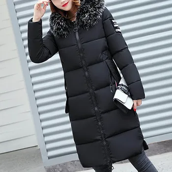  Kadın Sonbahar Kış Ceket Büyük Saç Yaka Ince Bel Uzun Aşağı pamuklu ceket Vintage sıcak tutan kaban Kadın Büyük Boy uzun Parkas