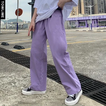  Kadın Yüksek Bel Düz Tam Uzunlukta Pantolon 2021 Moda Rahat Gevşek Düz Renk Pantolon Erkekler Harajuku Streetwear Pantaloons