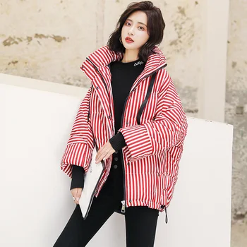  Kadın çizgili ekmek giyim kış yeni Kore moda standı yaka basit atmosfer gevşek yüksek kalite aşağı pamuklu giysiler