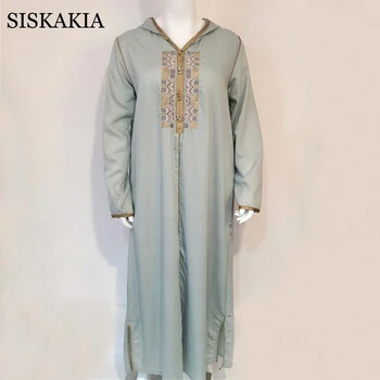  Kadınlar için kapüşonlu Abaya Elbise Ramazan Eid 2021 Müslüman Dubai Bornoz Zarif Etnik Nakış Uzun Kollu Arapça Umman Türkiye Giysileri
