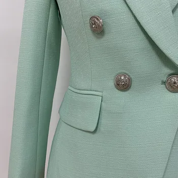  Klasik Barok Tasarımcı Blazer Ceket kadın Metal Aslan Düğmeler Kruvaze Dokulu Blazer Nane Yeşil