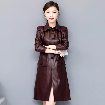  Kore 2021 Yeni Hakiki Deri Uzun Ceket Sonbahar Kadın Moda Rüzgarlık Trençkot Ince Bahar Artı Boyutu Giyim