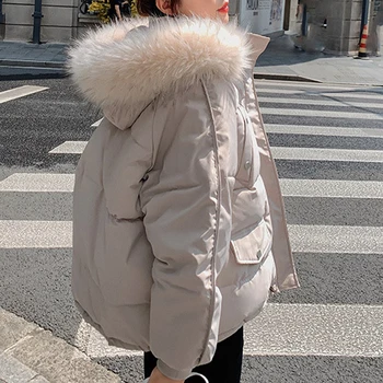  Kore Tarzı Faux Kürk Yaka Kapşonlu Parkas Kadın Moda Gevşek Basit Bayanlar Coat Kış Kalınlaşmak Sıcak Tutmak ıçin kadın Tops