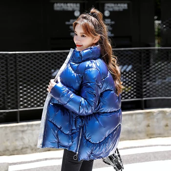  Kore Tarzı kadın Kış Ceket Kısa Tarzı Büyük Boy Parkas Kadın Gevşek Katı Parlak Artı Boyutu Standı Yaka Kalın Mont