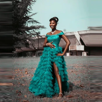  Koyu Yeşil Kabarık Gelinlik Modelleri Cap Kollu Sequins Tül Balo Abiye Ruffles Pileli Yüksek Yarık Kadınlar Partisi Törenlerinde 2021