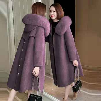  Koyun Kesme Ceket Kadınlar İçin 2020 Sonbahar Kış Uzun Kapüşonlu Kürk Ceket Moda Tilki Kürk Yaka Gevşek Kalın Sıcak Yün Ceket Y645