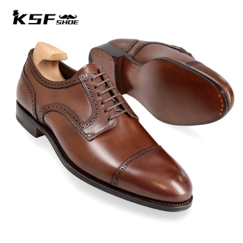  KSF AYAKKABI Brogue Derby Ayakkabı Erkekler ıçin Lüks Tasarımcı Moda Orijinal Iş Hakiki Deri El Yapımı Ofis Elbise erkek ayakkabısı