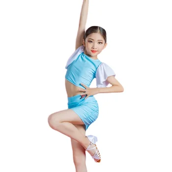  Kızların Latin Dans Elbise Yaz Uygulama Dans Giyim Kolsuz Açık Mavi Elbise Çocuk Latin dans kostümü Rekabet Elbise