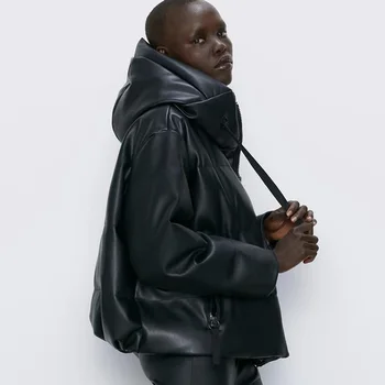  Kış ceket kadın parka vintage siyah deri ceketler mont streetwear kadın balon ceket kore kapüşonlu ceket 2021