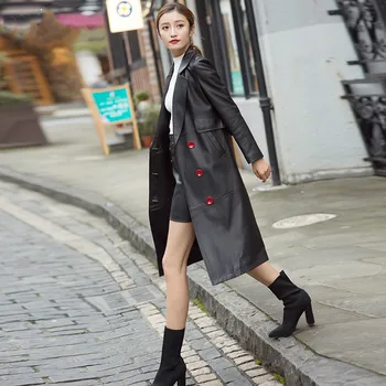  Kış Gerçek Deri Ceket kadın kıyafetleri 2020 Streetwear Rahat Hakiki Deri Uzun Ceket Moda Koyun Derisi Mont LW793