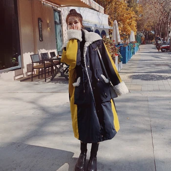  Kış kadın Pamuk-yastıklı Ceket Kore Takım Uzun Bölüm Artı Polar Astar Gevşek Kuzu Yün Dikiş Rahat Ceket Kadın