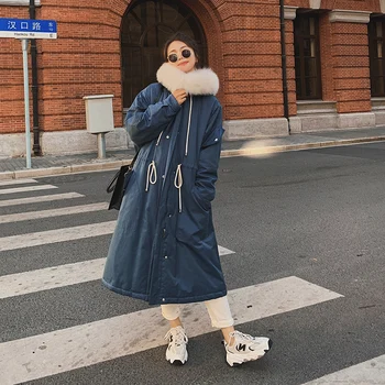  Kış kadın Parker Pamuk Giyim Gevşek Ceket Moda Kalınlaşmış Uzun Kapüşonlu Büyük Kürk Yaka Rahat Kaliteli Rüzgar Geçirmez Ceket 88