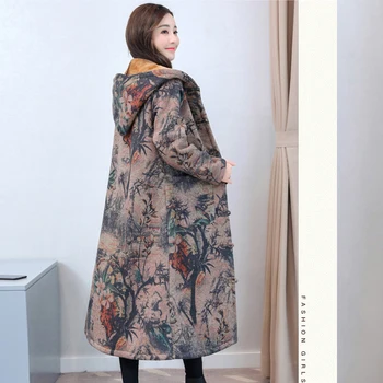  Kış Kalınlaşmış Pamuk Ceket kadın Orta Uzunlukta Peluş Kalınlaşmış Çin Tarzı Disk Toka Retro Kapüşonlu Ceket