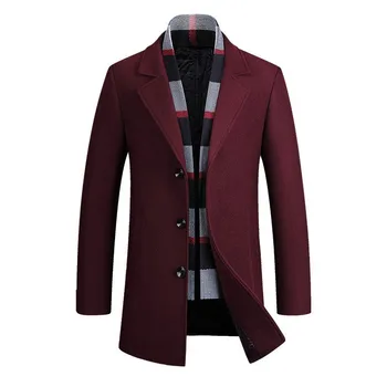  Kış Ofis Erkekler Iş Slim Fit Yün Karışımları Uzun Ceket Kalın Pamuk Yastıklı Sıcak Yün Palto Iş Adamı Eşarp Yaka Ceket