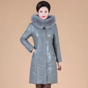  Kış Pu deri Parka Kadın Aşağı Pamuk Ceket Artı Kadife Kürk Yaka Kalınlaşmak Sıcak Orta Uzun OuterwearR1674 [blackl]