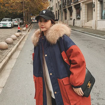  Kış Yastıklı kadın Ceket Uzun Hit Renk Kapüşonlu Büyük Kürk Yaka Artı Kadife Kalın Takım Dikiş Rahat Yüksek Kaliteli Ceket