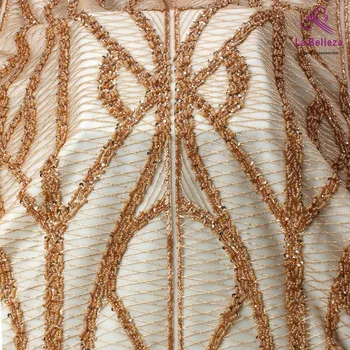  La Belleza 2019 Yeni ağır boncuklu dantel kumaş gül altın basit bir çizgi boncuk akşam elbise dantel kumaş 1 yard