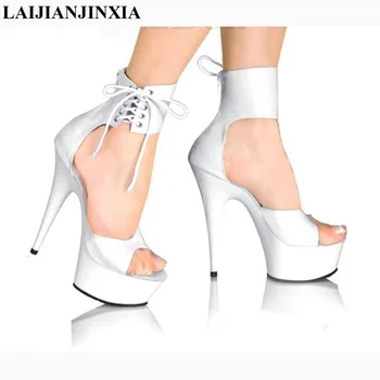  LAIJIANJINXIA Ayak Bileği Kayışı 15 CM Yüksek Topuk Ayakkabı Platformları Kutup Dans ayakkabıları Beyaz 6 inç Kadın moda ayakkabılar Seksi Clubbing Sandalet