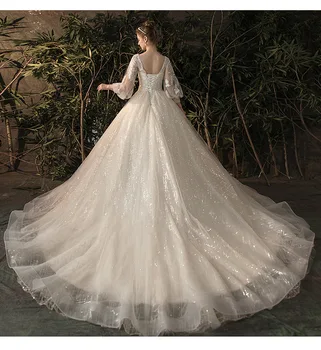  Luxry Boncuk Gelinlik V Yaka Dantel Gelin Elbise Monarch Tren Vestido de novia Korse Robe de Mairee OY-D962