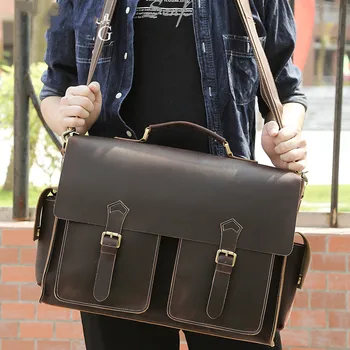  Lüks deri erkek evrak çantası 17-inç laptop çantası doğal deri tek omuz askılı çanta büyütülmüş versiyonu yeni