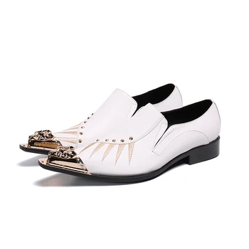 Lüks Marka Beyaz Erkek Düğün Ayakkabı Nakış Metal Ayak Hakiki Deri Elbise parti ayakkabıları Perçin Çivili Erkekler Oxfords Büyük Boy