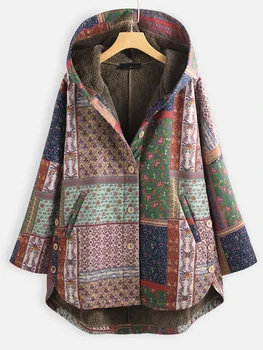  M-5XL boyutu sonbahar ve kış yeni stil pamuk-yastıklı ceket etnik baskılı kapüşonlu ceket artı kadife yastıklı bayanlar ceket MF056