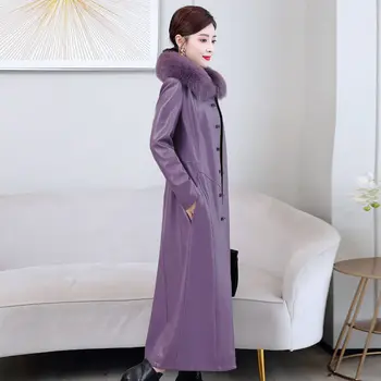  M-7XL Kadınlar Uzun PU Deri Ceket 2021 Yeni Kadın Sonbahar Kış Çizgili pamuk Deri Ceket Femme High-end Deri Palto Ekleyin