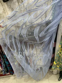  Mavi Gri Londra Afrika Haute Couture için 5 yard Fransız Çiçek Tül Dantel Kumaş Moda Tasarımcısı / Testere Düğün Gelin Elbise