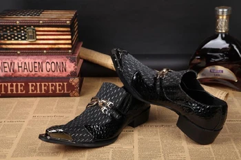  Moda Tasarımcısı Erkek Metal Sivri Burun Patchwork Hakiki Deri Oxfords erkek ayakkabısı Düğün Ayakkabı Elbise Ayakkabı Erkekler Boyutu 39-46