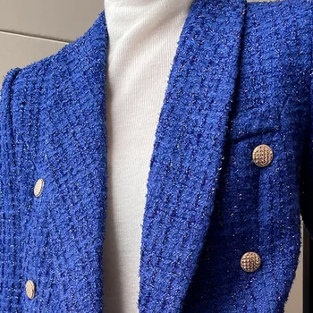  Moda Zarif Kadın Kruvaze Blazer Takım Elbise Ceket Mavi Ofis Bayanlar Tüvit Ceket Çentikli Yaka Iş Iş Blazers Ceket