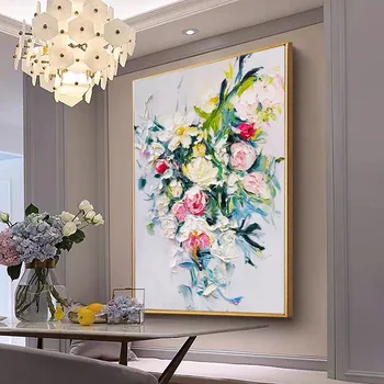  Modern Sanatçı Boyalı Soyut Pembe Çiçekler Yağlıboya Tuval Duvar Sanatı Çerçevesiz Resim Dekor Oturma Odası Ev Hediye Için