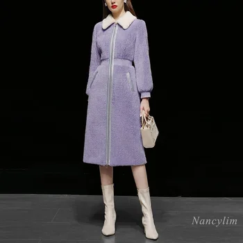  Mor Kürk Kadın Kış Yeni Mizaç Faux Vizon Kürk Renk Kontrast Ince Bel Uzun Yıpratır Lady Streetwear