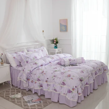  Mor Pembe Çiçek Çiçek Yatak Ultra Yumuşak Fırfırlı Nevresim takımı Yatak örtüsü Bedskirt çift Kraliçe Yatak seti baskılı