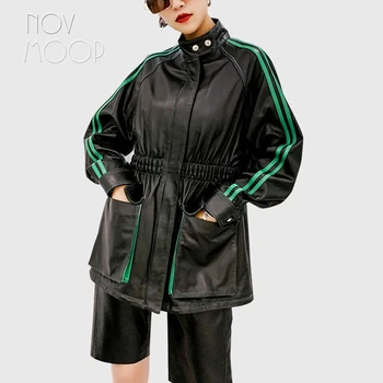  Novmoop koyun hakiki deri kadın spor ceket yamalı yeşil deri kayış kollu giymek kolay bahar veste LT3468
