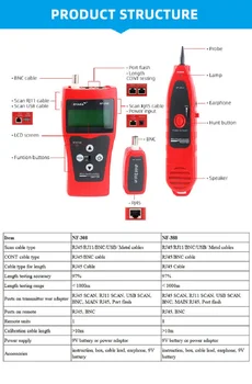  Noyafa NF-308 Ağ izleme kablo test cihazı LCD Tel Hata Bulucu LAN Tedbir Ağ Coacial BNC USB RJ45 RJ11 kırmızı renk